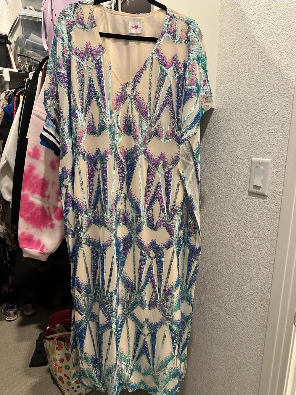 Buddy Love Sequin Geometric Sheer Dress in Ivory with Teal and Purple